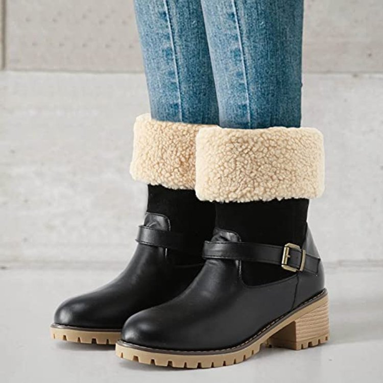 Sherpa Cuff Buckle Strap Block Heel Boots