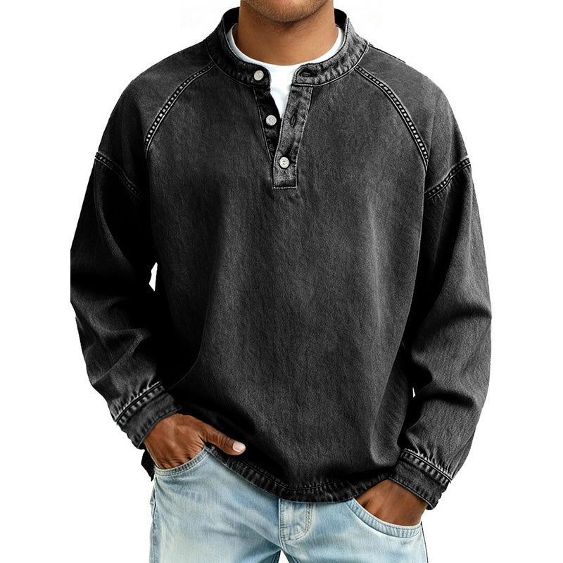 Men's Washed Denim-Look Raglan Henley