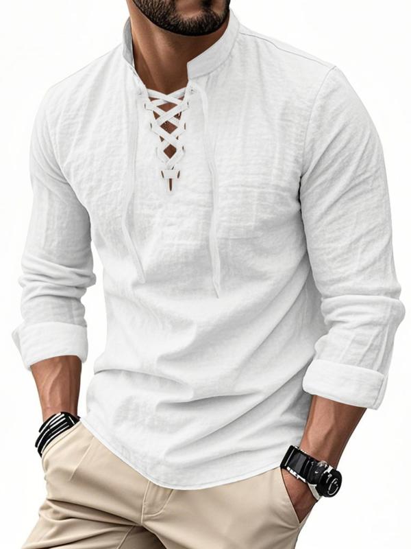Men's Lace-Up Textured Long Sleeve Shirt