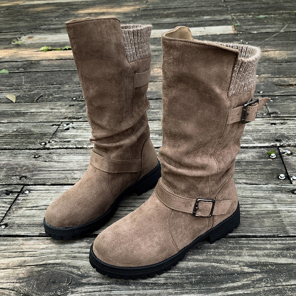 Slouchy Buckle Mid-Calf Boots with Knit Cuff