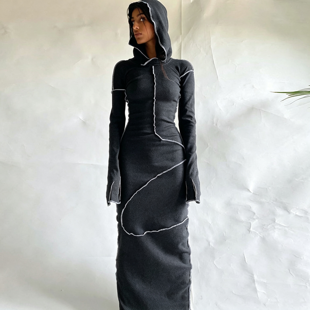 Contrast-Stitch Hooded Bodycon Maxi Dress