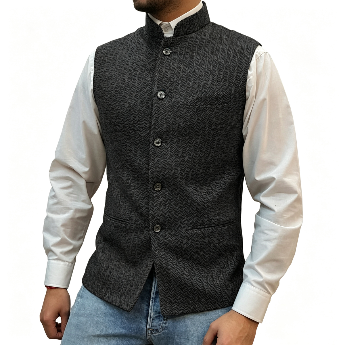 Men's Mandarin Collar Tweed-Style Vest