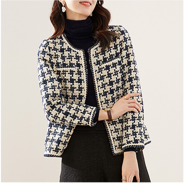 Houndstooth Tweed-Look Collarless Jacket