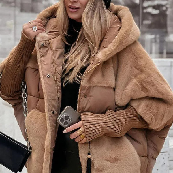 Hooded Faux Fur Patchwork Puffer Cocoon Jacket