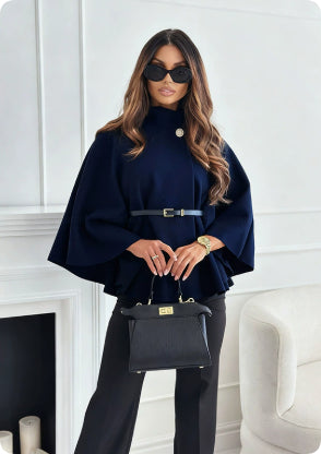 Belted Stand-Collar Batwing Cape Jacket