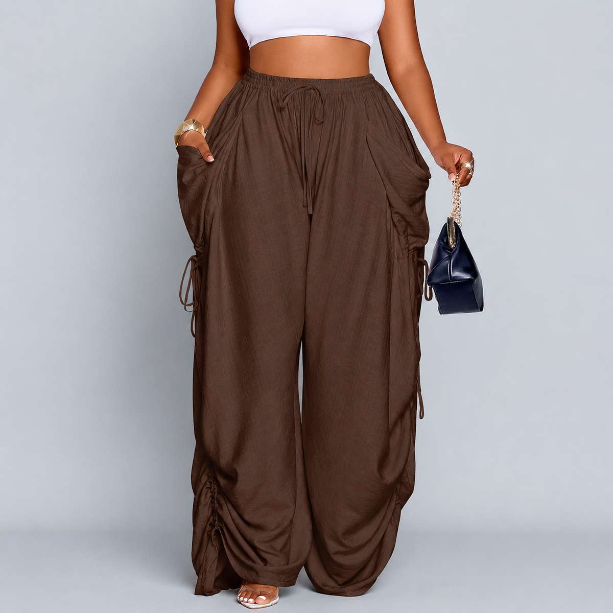 Ruched Wide-Leg Drawstring Pants