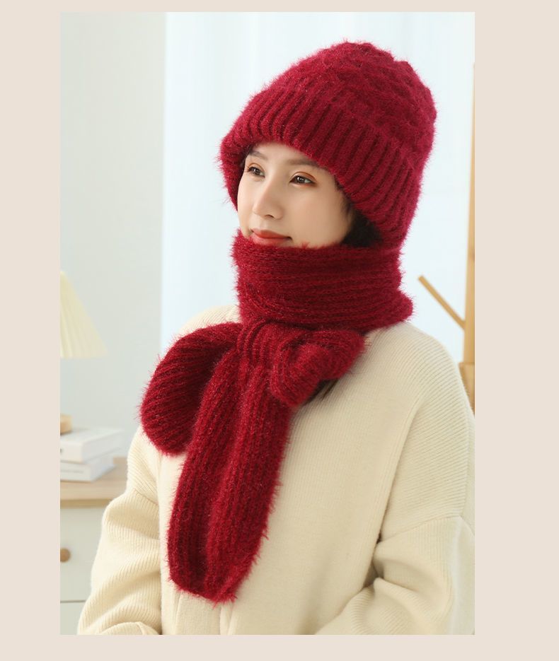 Fleece-Lined Knit Hooded Hat and Scarf