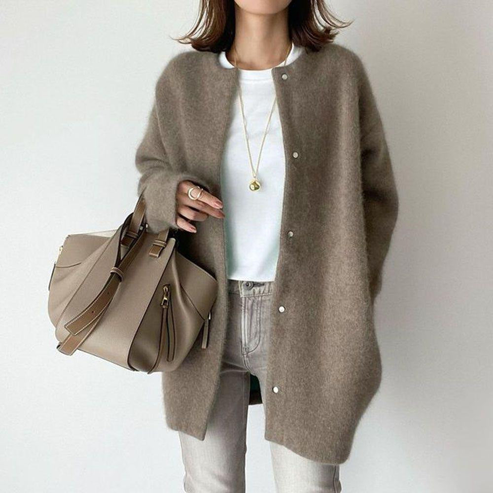 Fuzzy Knit Crew-Neck Long Cardigan