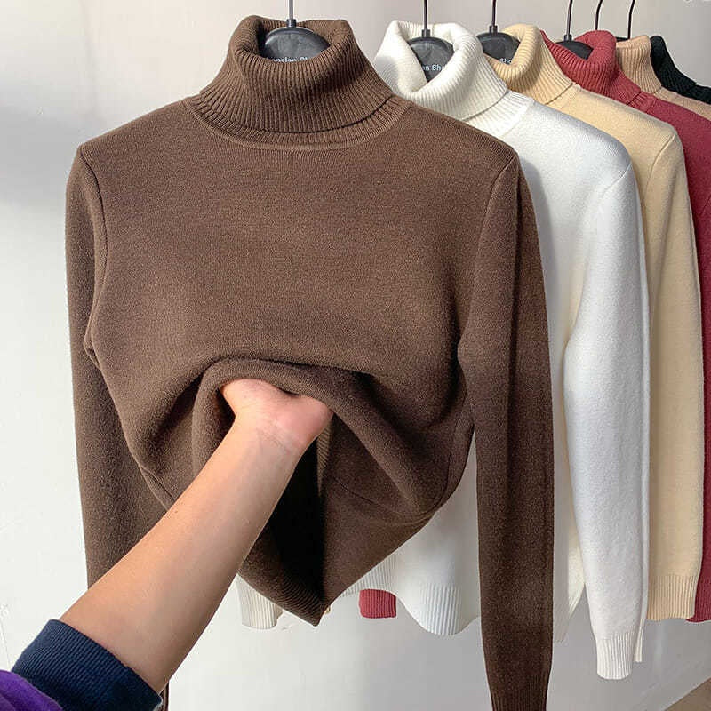 Plush-Lined Turtleneck Knit Sweater