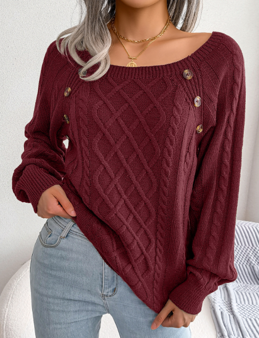 Square-Neck Cable Knit Sweater with Button Trim