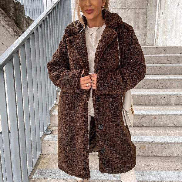 Long Teddy Lapel Button Coat
