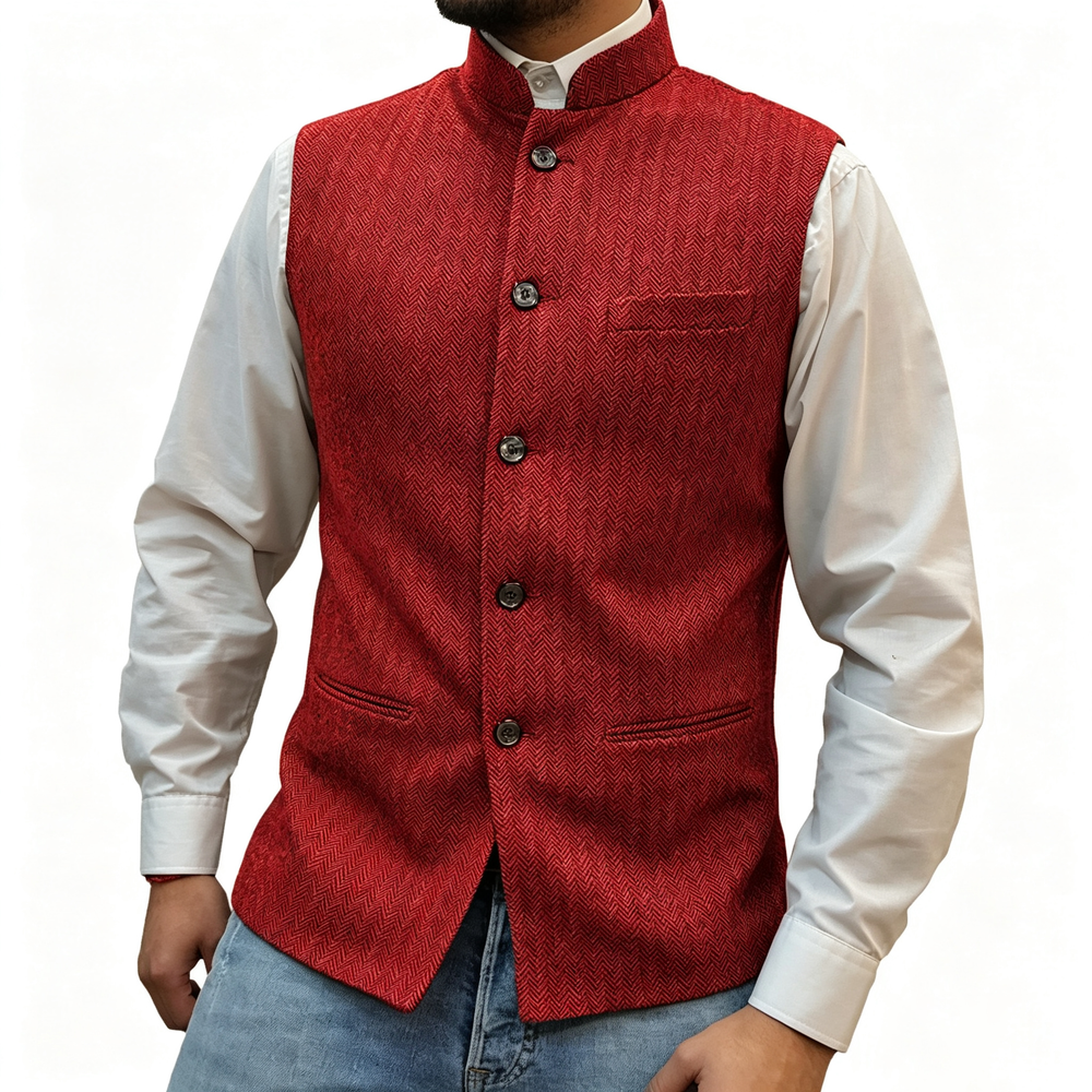 Men's Mandarin Collar Tweed-Style Vest