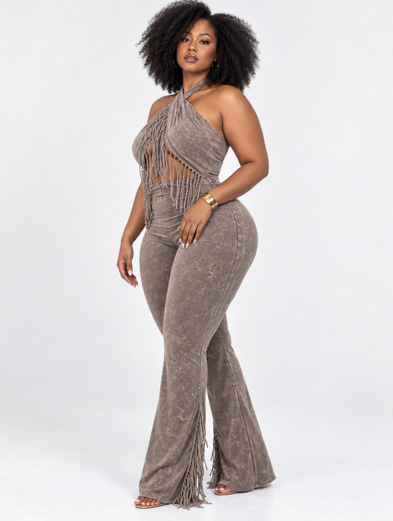 Fringe Halter Flare Jumpsuit