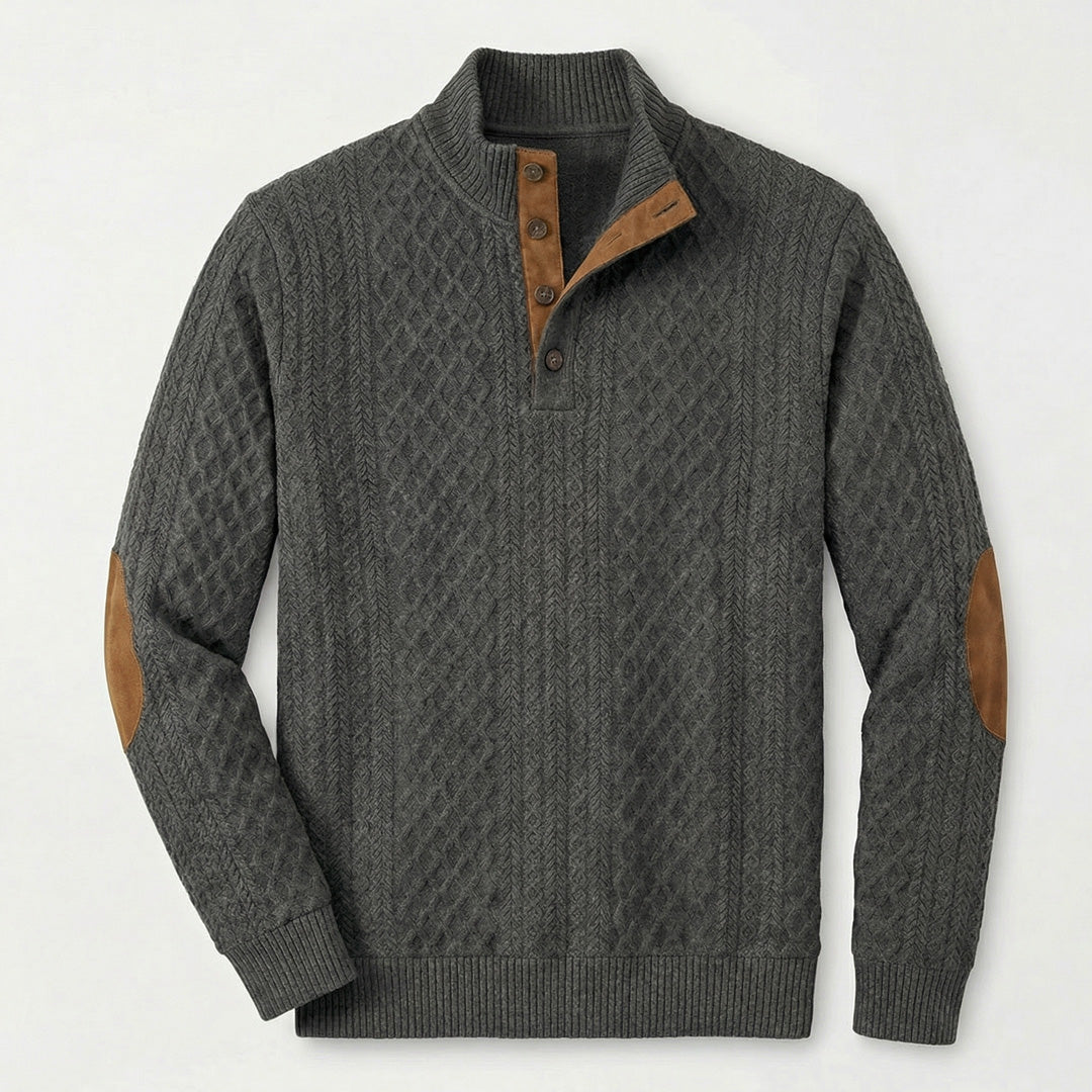 Men's Elbow-Patch Button Mock Neck Sweater