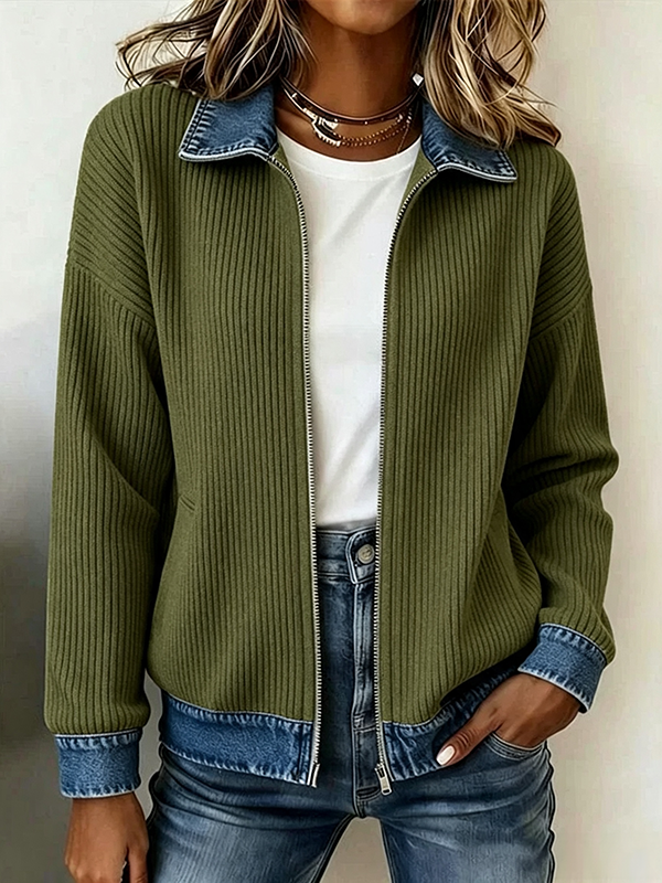 Ribbed Knit Zip Jacket with Denim Trim