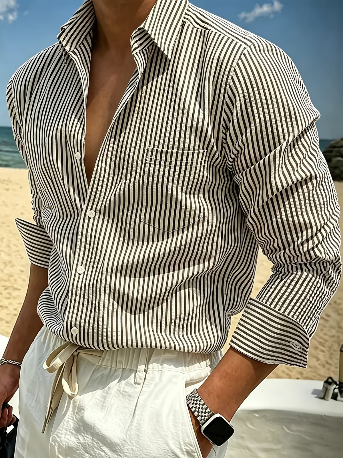 Men's Striped Seersucker Long Sleeve Shirt