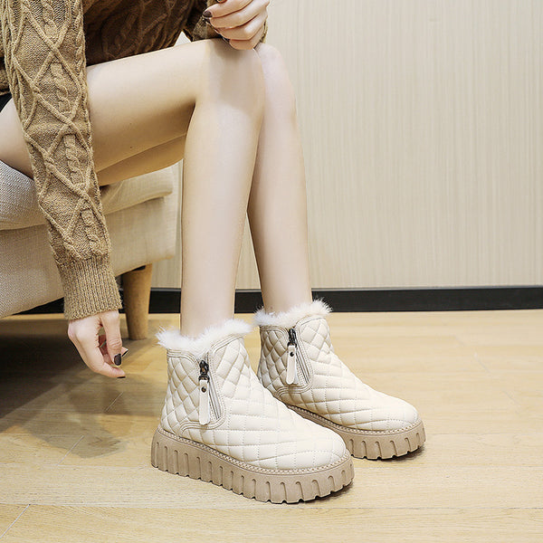 Quilted Plush-Lined Side-Zip Platform Ankle Boots