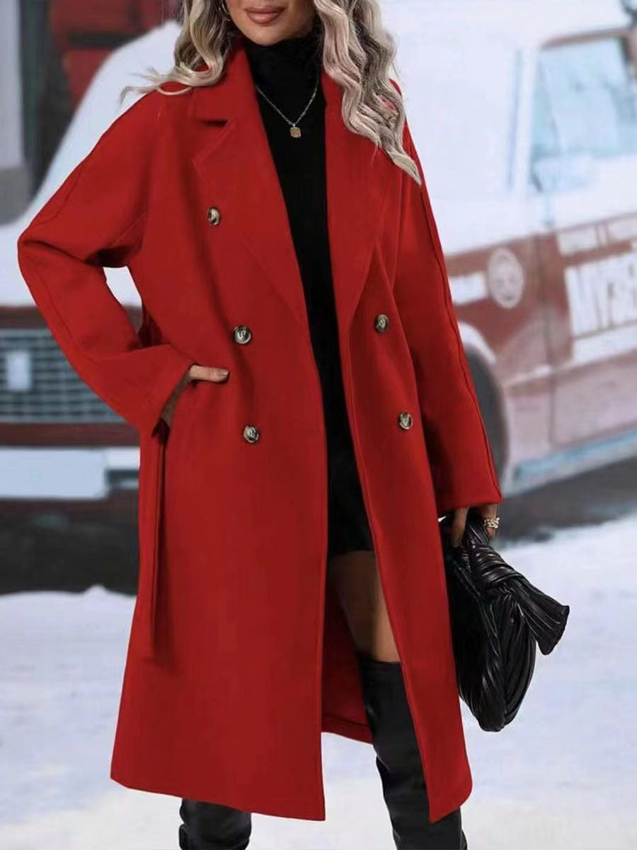 Belted Double-Breasted Wool-Look Long Coat