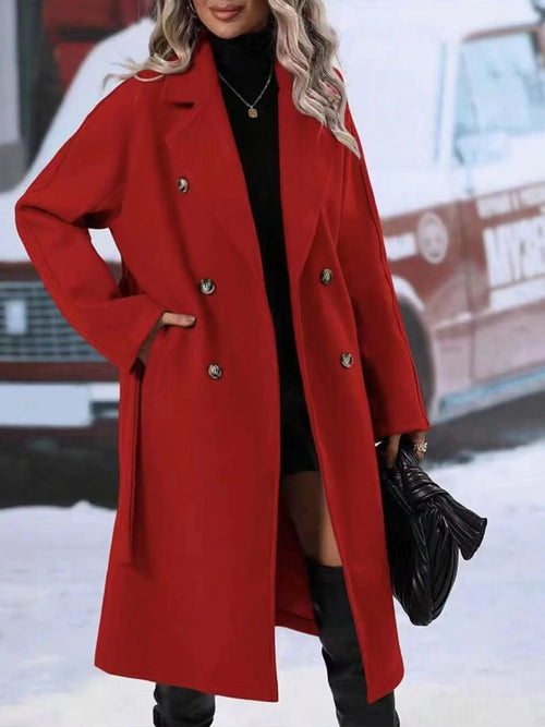 Belted Double-Breasted Wool-Look Long Coat