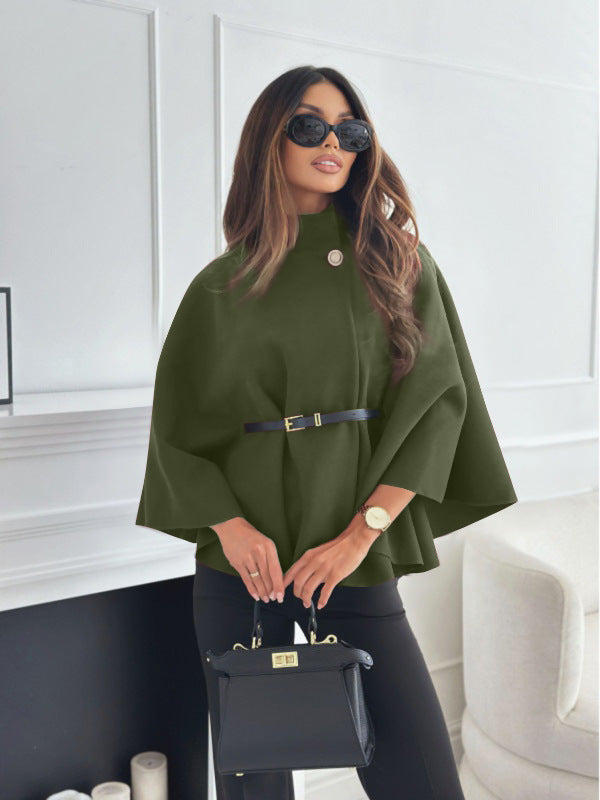 Belted Stand-Collar Batwing Cape Jacket