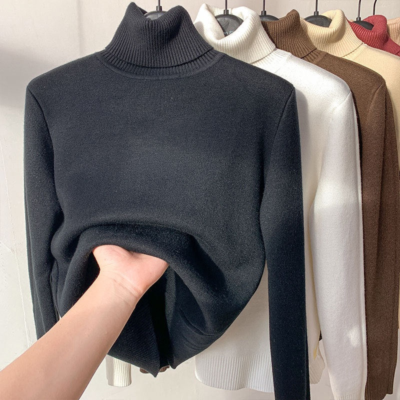 Plush-Lined Turtleneck Knit Sweater