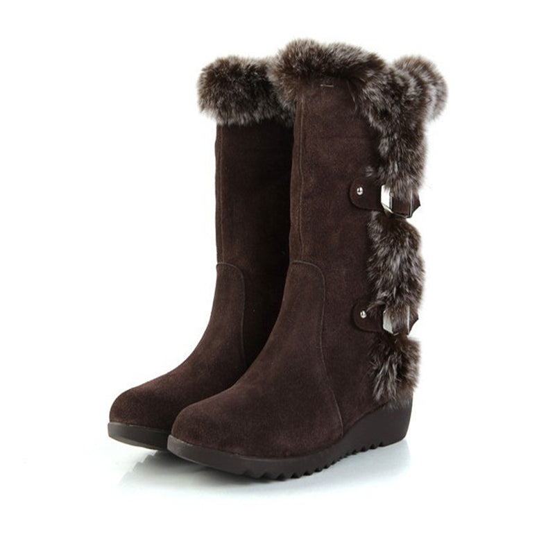Faux Fur Trim Buckle Mid-Calf Wedge Snow Boots