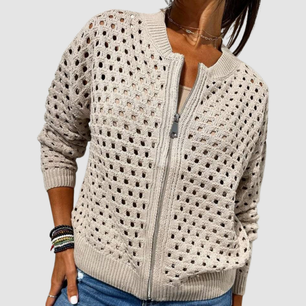 Open-Knit Zip-Up Cardigan Jacket