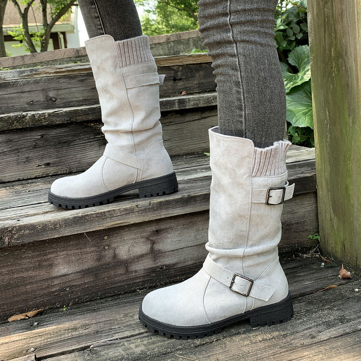 Slouchy Buckle Mid-Calf Boots with Knit Cuff