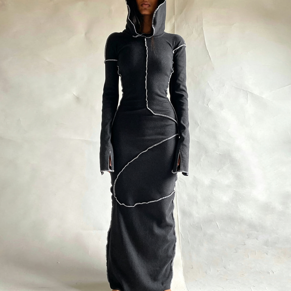 Contrast-Stitch Hooded Bodycon Maxi Dress