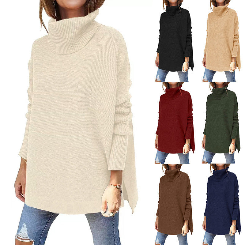 Oversized Turtleneck Split-Hem Tunic Sweater