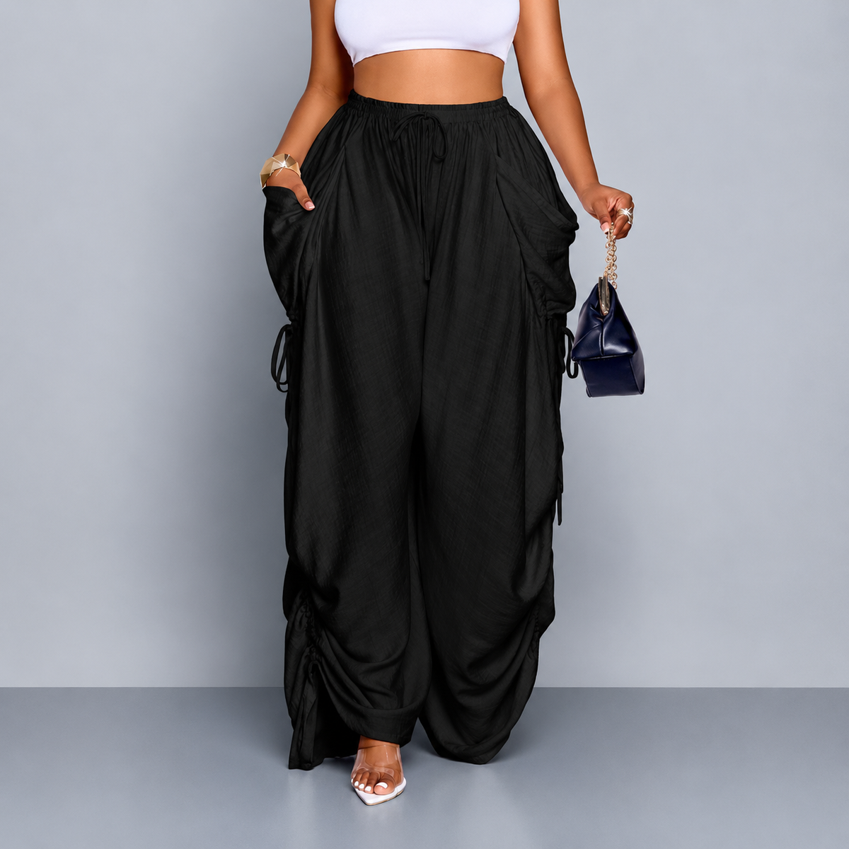 Ruched Wide-Leg Drawstring Pants