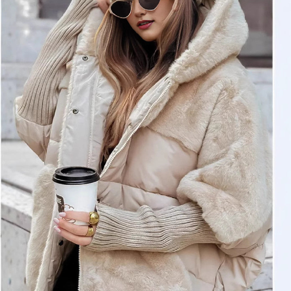 Hooded Faux Fur Patchwork Puffer Cocoon Jacket