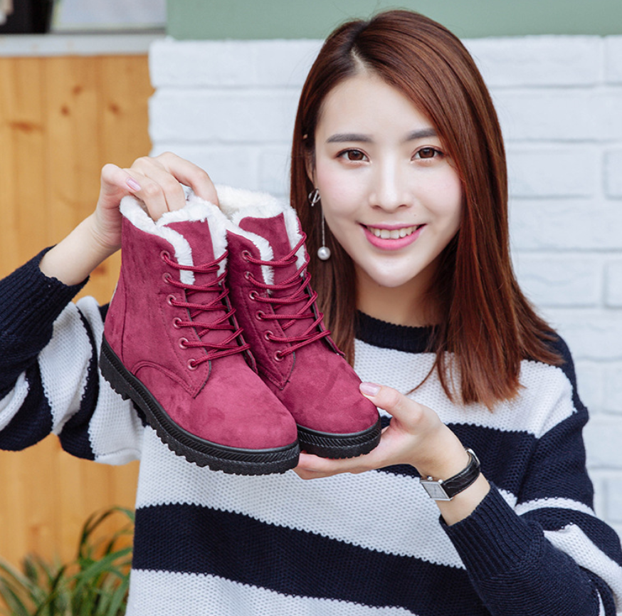 Lace-Up Plush-Lined Faux Suede Snow Boots