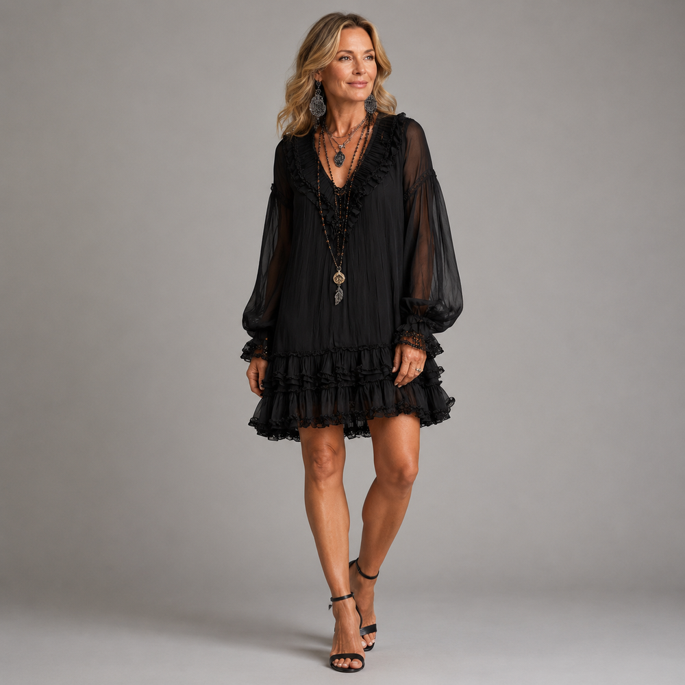 Sheer-Sleeve Ruffle Tiered Mini Dress