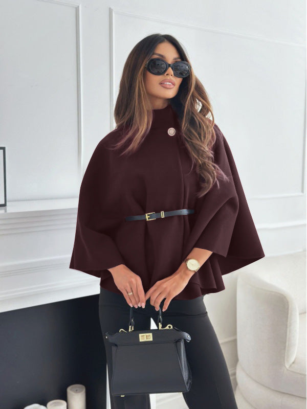 Belted Stand-Collar Batwing Cape Jacket