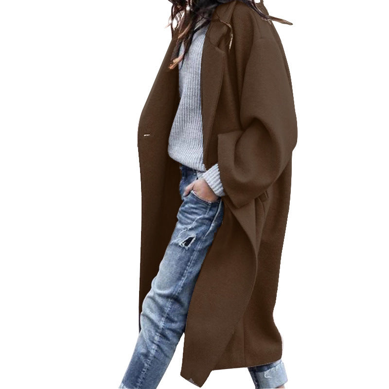 Long Wool-Look Lapel Coat with Pockets