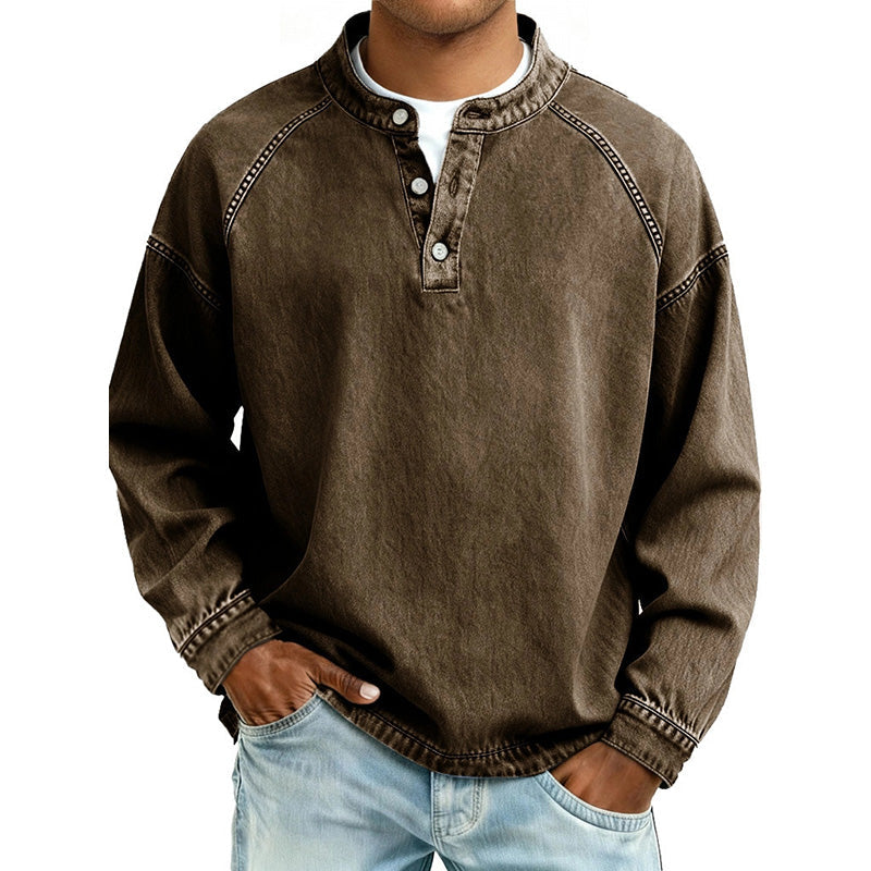 Men's Washed Denim-Look Raglan Henley