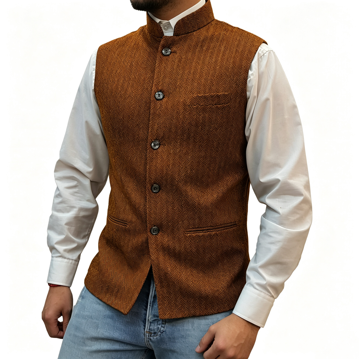 Men's Mandarin Collar Tweed-Style Vest