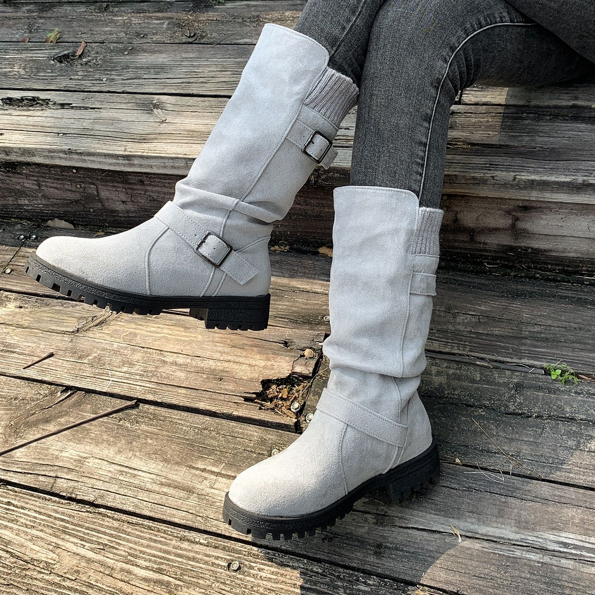 Slouchy Buckle Mid-Calf Boots with Knit Cuff