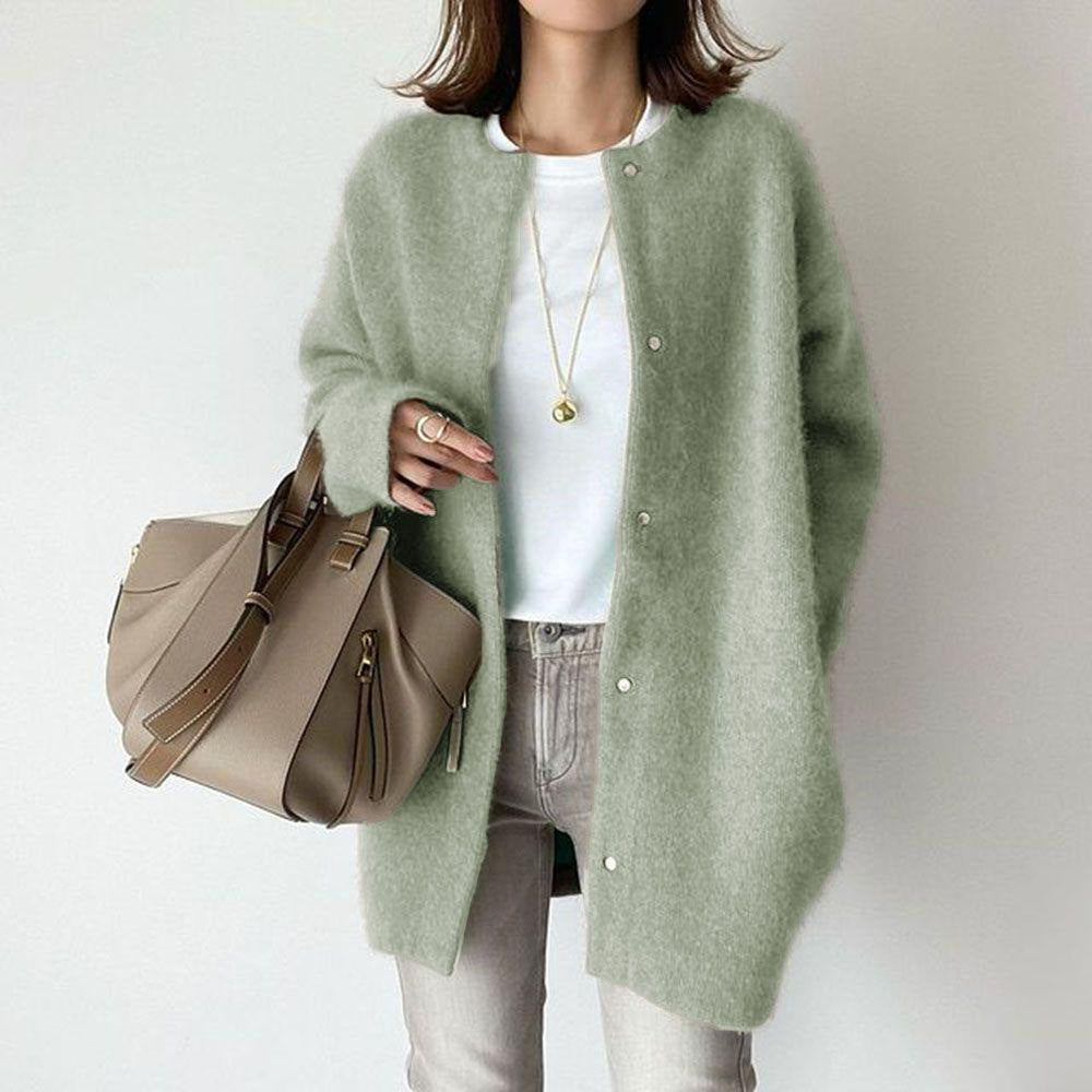 Fuzzy Knit Crew-Neck Long Cardigan