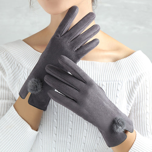 Faux Suede Winter Gloves with Pom-Pom or Plush Cuff