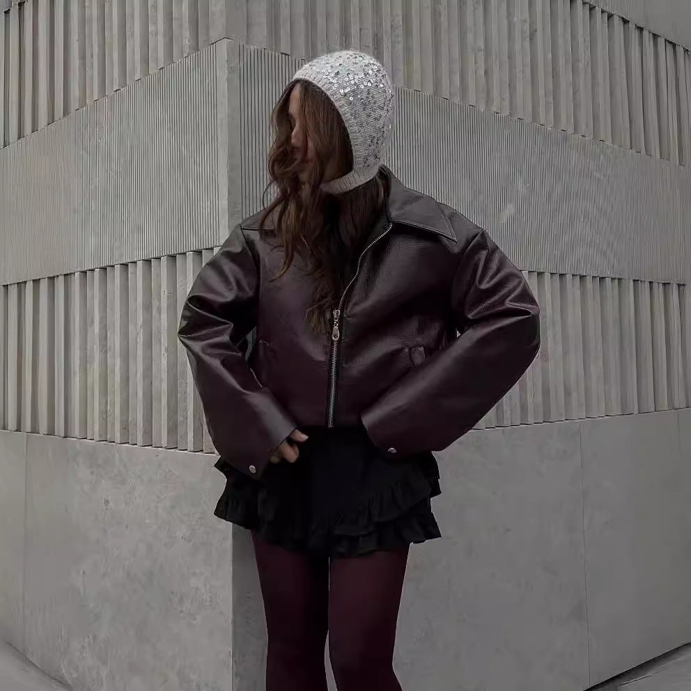 Cropped Faux Leather Collared Zip Jacket