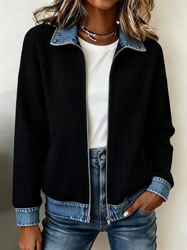 Ribbed Knit Zip Jacket with Denim Trim