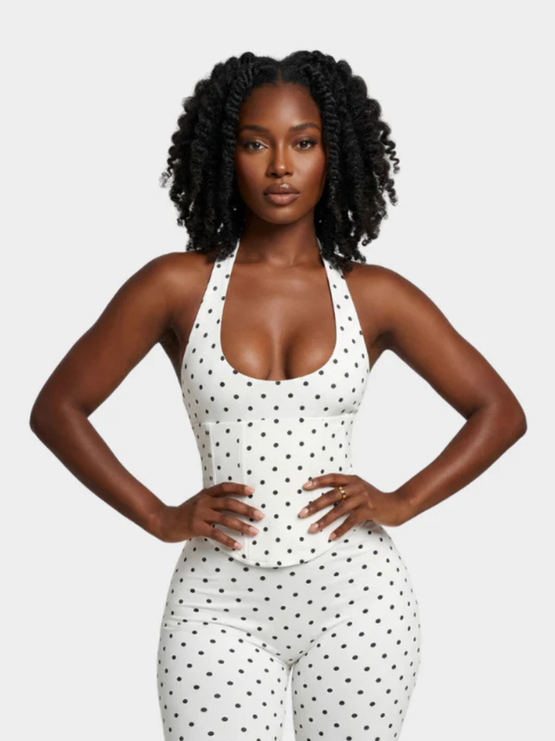 Polka Dot Halter Capri Jumpsuit with Corset Belt