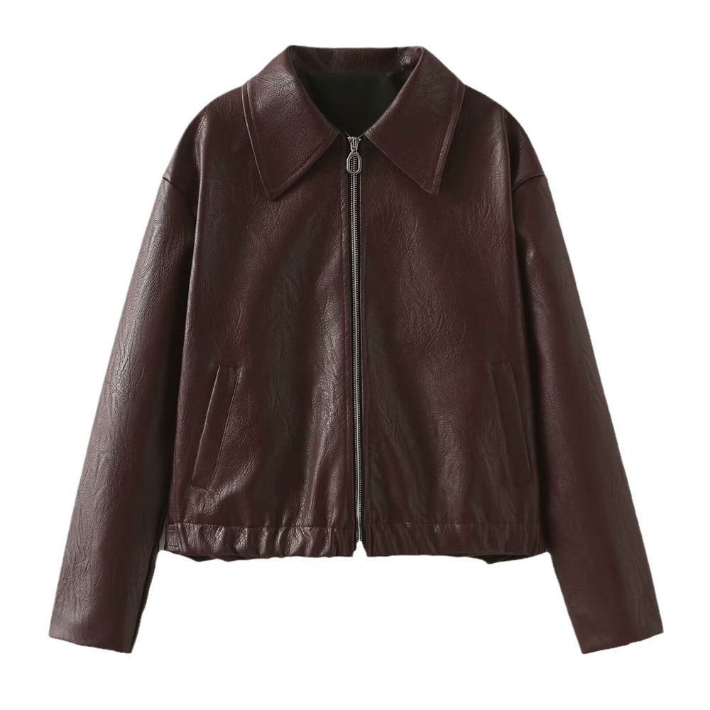 Cropped Faux Leather Collared Zip Jacket