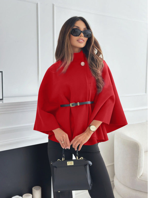 Belted Stand-Collar Batwing Cape Jacket