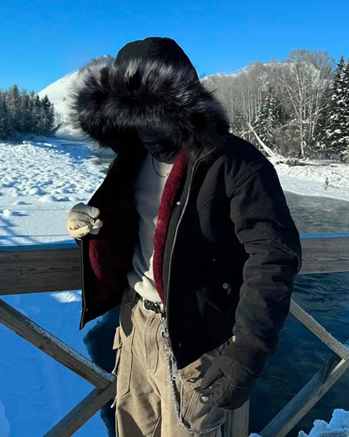 Faux Fur Hood Plush-Lined Cropped Bomber