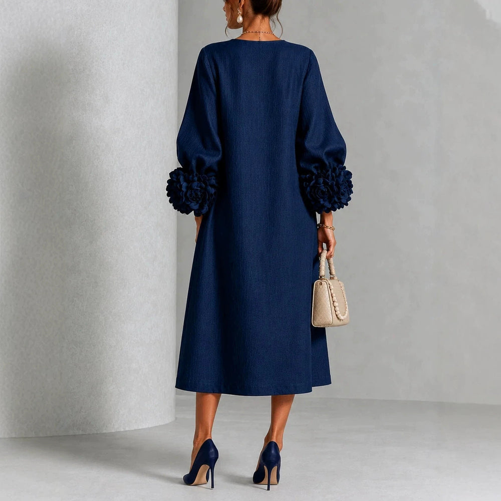 Textured Midi Dress with Rosette Cuffs