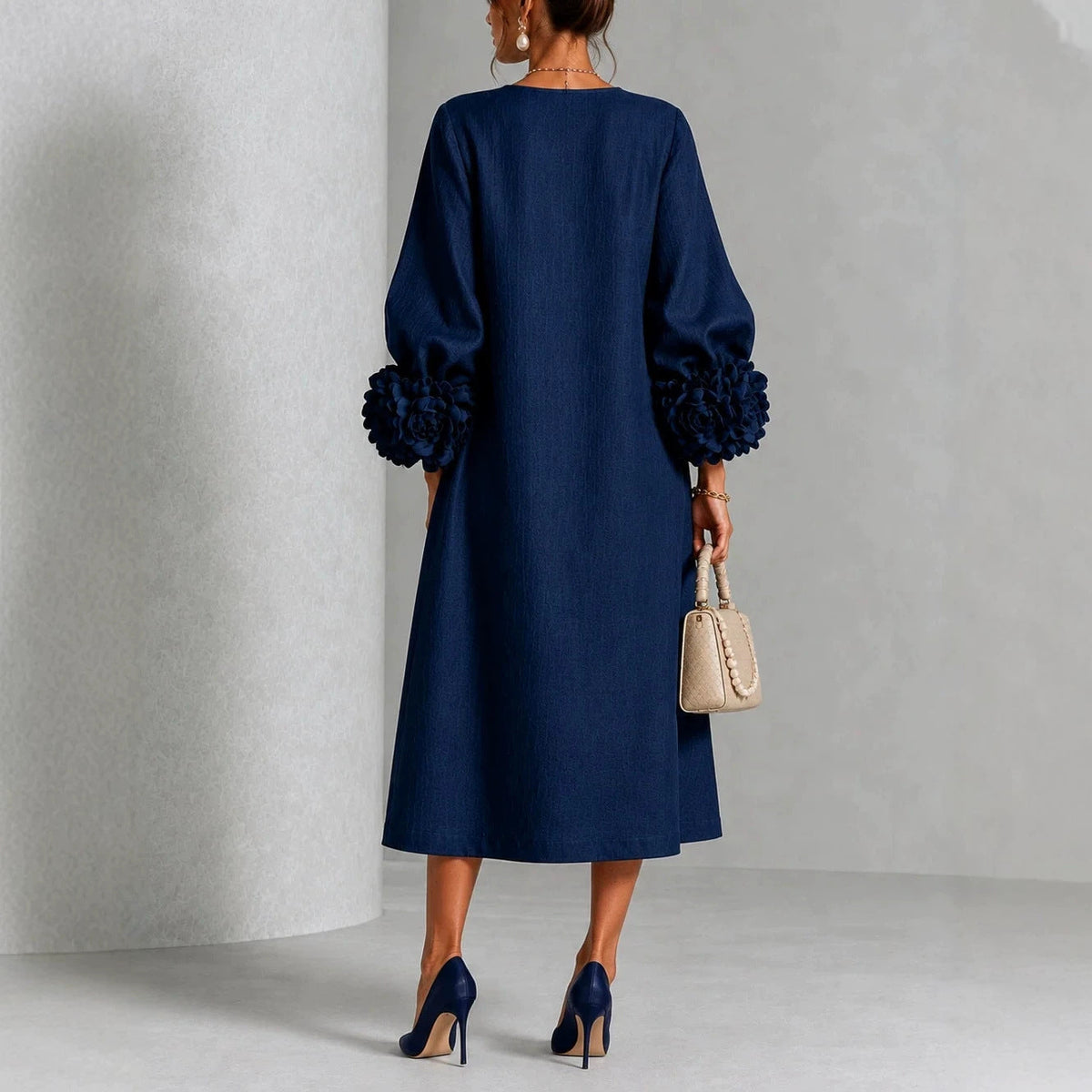 Textured Midi Dress with Rosette Cuffs