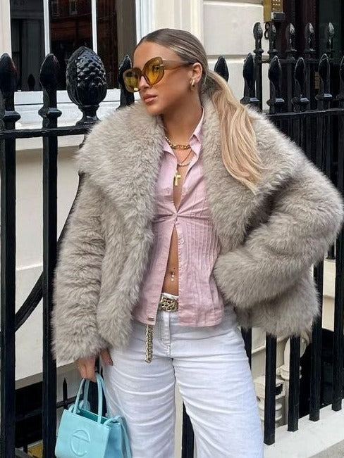 Shaggy Faux Fur Wide-Lapel Cropped Coat